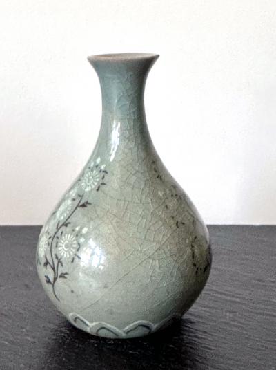 Small Korean Celadon Ceramic Vase with Slip Inlay Goryeo Dynasty