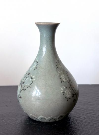 Small Korean Celadon Ceramic Vase with Slip Inlay Goryeo Dynasty