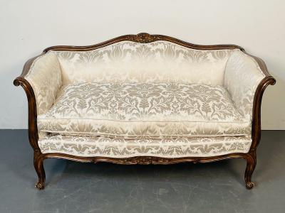 Small Louis XV Mahogany Carved Settee Sofa Floral Silk Upholstery