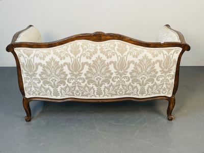 Small Louis XV Mahogany Carved Settee Sofa Floral Silk Upholstery
