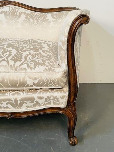 Small Louis XV Mahogany Carved Settee Sofa Floral Silk Upholstery