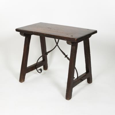 Small Scale Spanish Walnut Trestle Table with Iron Stretcher Circa 1850