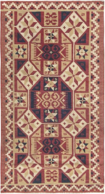 Small Vintage Geometric Red Yellow Navy Blue Swedish Flat Weave Wool Rug