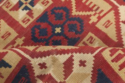 Small Vintage Geometric Red Yellow Navy Blue Swedish Flat Weave Wool Rug