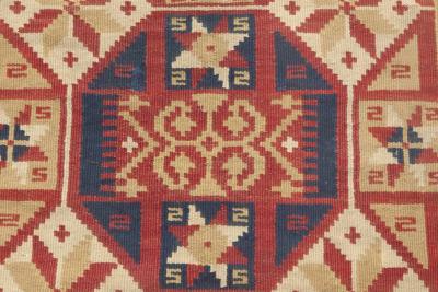 Small Vintage Geometric Red Yellow Navy Blue Swedish Flat Weave Wool Rug