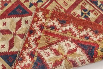 Small Vintage Geometric Red Yellow Navy Blue Swedish Flat Weave Wool Rug