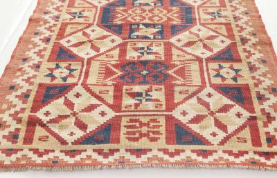 Small Vintage Geometric Red Yellow Navy Blue Swedish Flat Weave Wool Rug