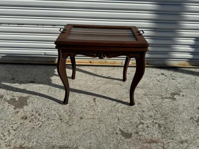 Small Walnut Side Table with Glass Top Serving Tray