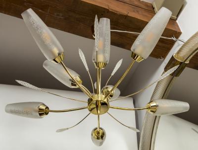 Smaller Mid Century Italian Conical Shaped Glass Brass Chandelier