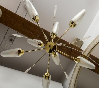 Smaller Mid Century Italian Conical Shaped Glass Brass Chandelier