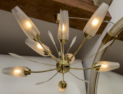 Smaller Mid Century Italian Conical Shaped Glass Brass Chandelier