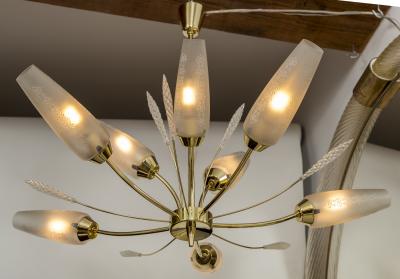 Smaller Mid Century Italian Conical Shaped Glass Brass Chandelier