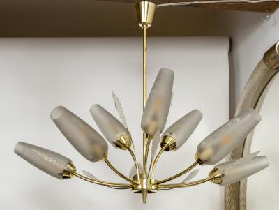 Smaller Mid Century Italian Conical Shaped Glass Brass Chandelier