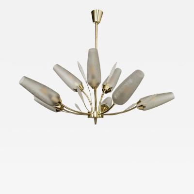 Smaller Mid Century Italian Conical Shaped Glass Brass Chandelier