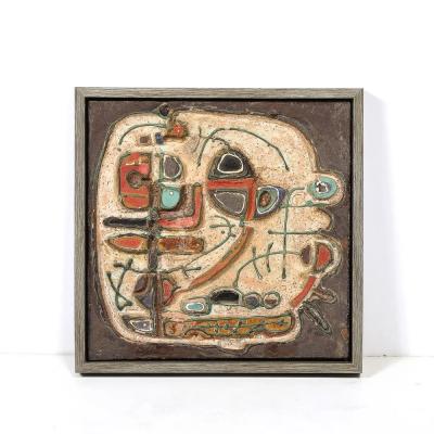 Sofia Kisselov Mid Century Abstract Israeli Earthenware Plaque in Burnt Umber Cream Red Hues