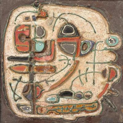 Sofia Kisselov Mid Century Abstract Israeli Earthenware Plaque in Burnt Umber Cream Red Hues