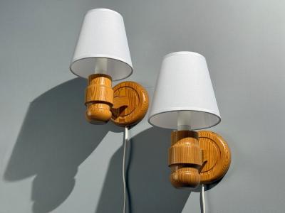 Solbackens Svarveri Wall Lights Pine Fabric Sweden 1960s