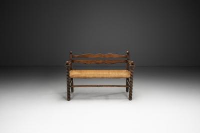 Solid Oak Bench With Turned Legs and a Woven Straw Seat France 20th Century