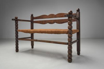 Solid Oak Bench With Turned Legs and a Woven Straw Seat France 20th Century