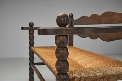 Solid Oak Bench With Turned Legs and a Woven Straw Seat France 20th Century