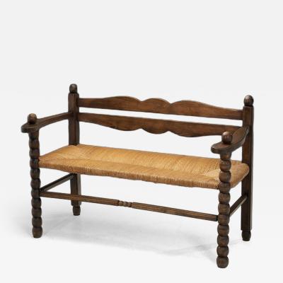 Solid Oak Bench With Turned Legs and a Woven Straw Seat France 20th Century