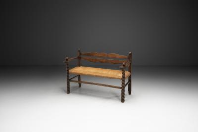 Solid Oak Bench With Turned Legs and a Woven Straw Seat France 20th Century