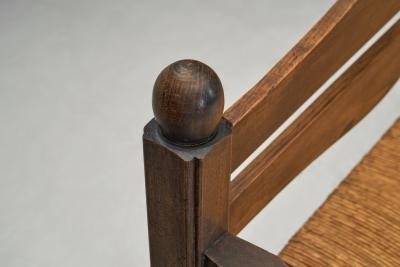 Solid Oak Bench With Turned Legs and a Woven Straw Seat France 20th Century