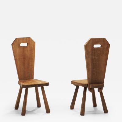 Solid Oak Brutalist Pair of Chairs France ca 1940s