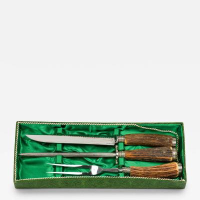 Solingen Baron Germany 3 Piece Rustic Horn Handle Silver Carving Utensil Set