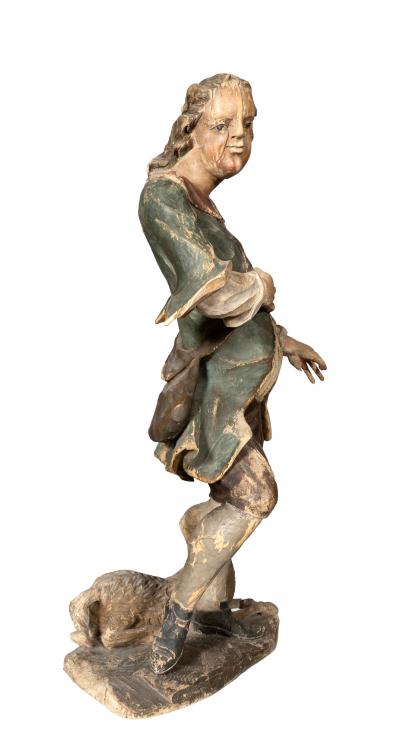South German Carved Wood Figure Of A Shepherd And His Sheep