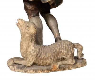 South German Carved Wood Figure Of A Shepherd And His Sheep