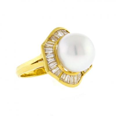 South Sea Pearl and Baguette Diamond Ballerina Ring