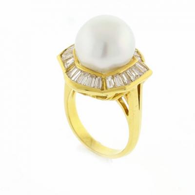 South Sea Pearl and Baguette Diamond Ballerina Ring