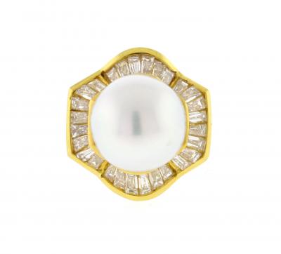 South Sea Pearl and Baguette Diamond Ballerina Ring