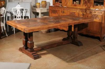 Southern French Brutalist Oak Dining Trestle Table with Terracotta Inset Top