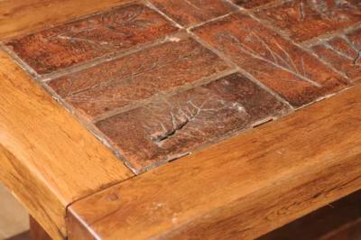 Southern French Brutalist Oak Dining Trestle Table with Terracotta Inset Top