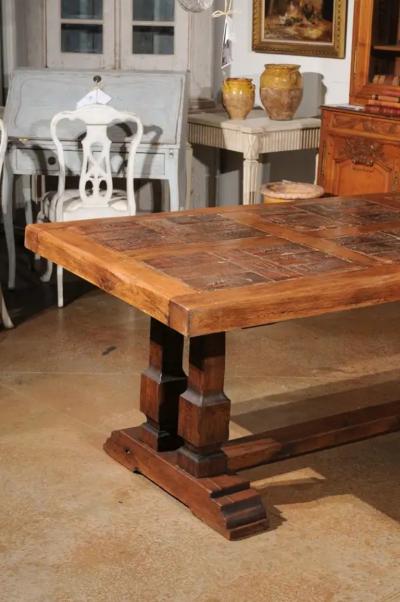 Southern French Brutalist Oak Dining Trestle Table with Terracotta Inset Top