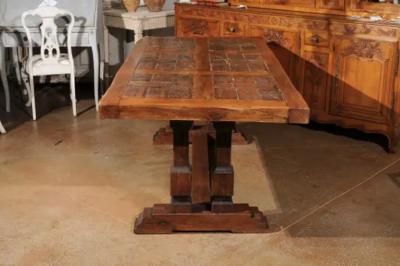 Southern French Brutalist Oak Dining Trestle Table with Terracotta Inset Top