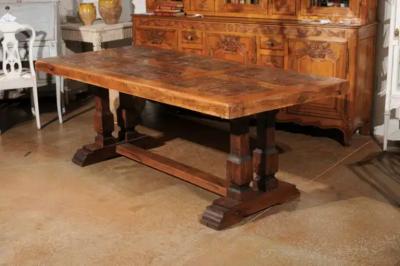 Southern French Brutalist Oak Dining Trestle Table with Terracotta Inset Top