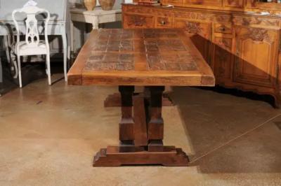 Southern French Brutalist Oak Dining Trestle Table with Terracotta Inset Top