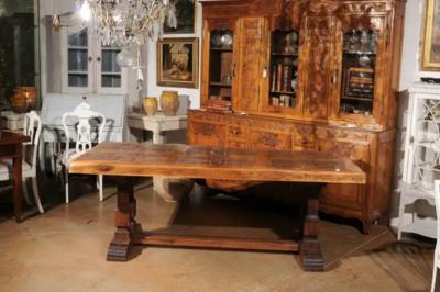 Southern French Brutalist Oak Dining Trestle Table with Terracotta Inset Top