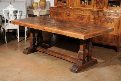 Southern French Brutalist Oak Dining Trestle Table with Terracotta Inset Top