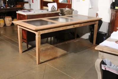 Southern French Midcentury Natural Oak Dining Table with Fossil Black Marble Top