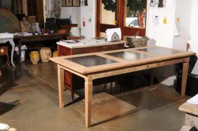 Southern French Midcentury Natural Oak Dining Table with Fossil Black Marble Top