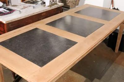 Southern French Midcentury Natural Oak Dining Table with Fossil Black Marble Top