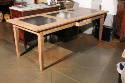 Southern French Midcentury Natural Oak Dining Table with Fossil Black Marble Top