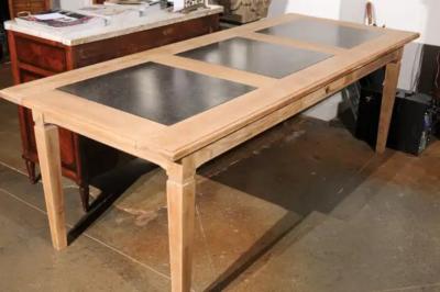 Southern French Midcentury Natural Oak Dining Table with Fossil Black Marble Top