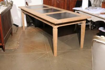 Southern French Midcentury Natural Oak Dining Table with Fossil Black Marble Top