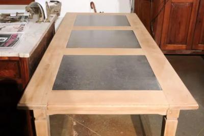Southern French Midcentury Natural Oak Dining Table with Fossil Black Marble Top