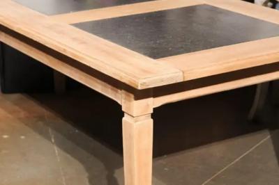 Southern French Midcentury Natural Oak Dining Table with Fossil Black Marble Top